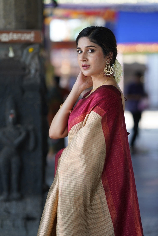 Beige Gold Banarasi Silk Saree with Maroon Contrast Border