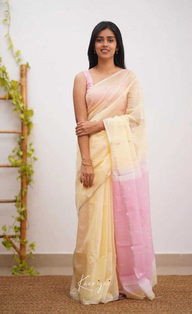 Women's Cream Organza Saree with Soft Pink Contrast Pallu & Delicate Woven Motifs