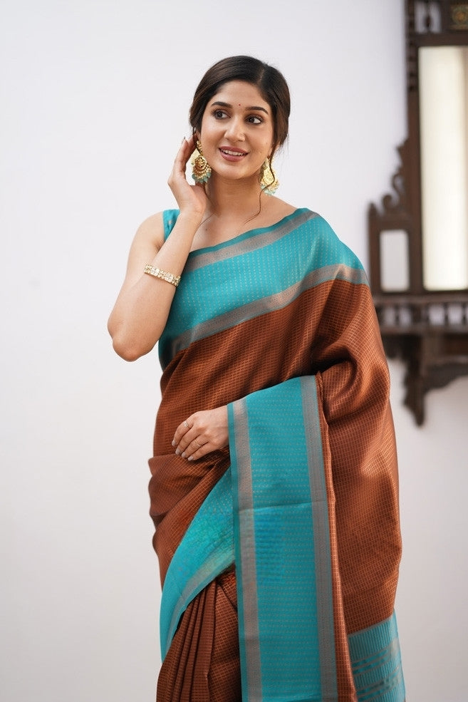 Coffee Brown & Aqua Blue Soft Silk Saree with Elegant Contrast Border