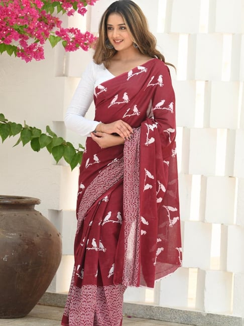 Women's Maroon Printed Saree with White Bird Motifs