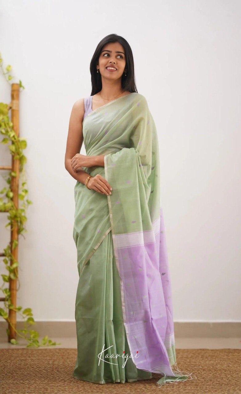 Women's Sage Green Organza Saree with Delicate Woven Motifs & Lavender Contrast Pallu