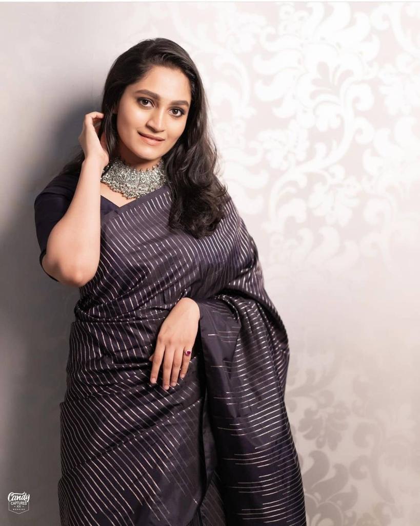 Women's Midnight Black Linen Silk Saree with Metallic Striped Design & Designer Tassel Pallu