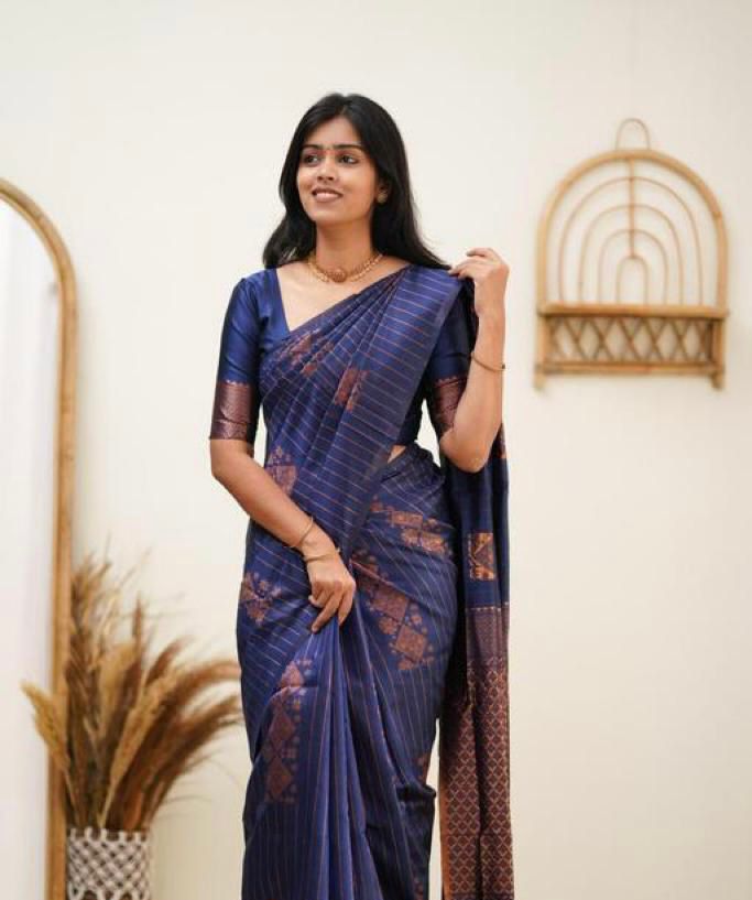 Royal Navy Blue Designer Saree with Copper Woven Pattern