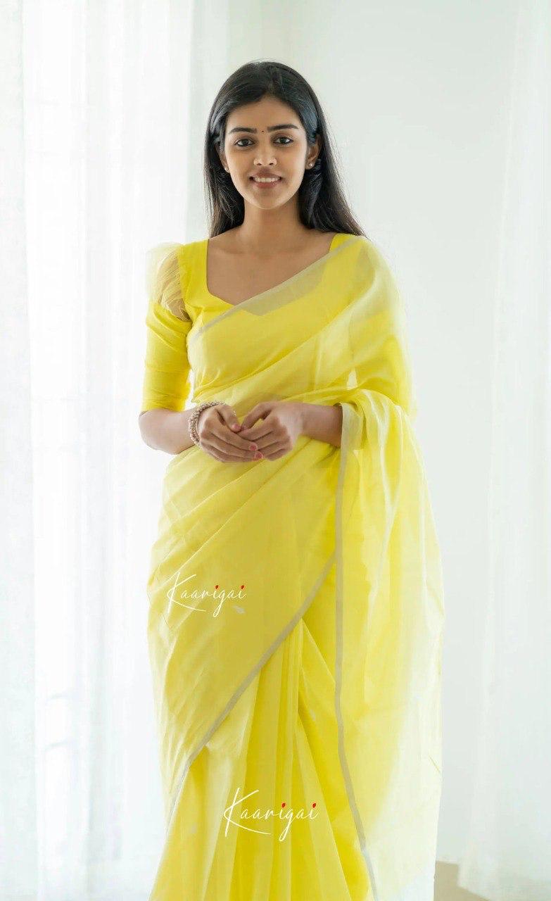 Women's Lemon Yellow Organza Saree with Minimal Woven Motifs & Elegant Border
