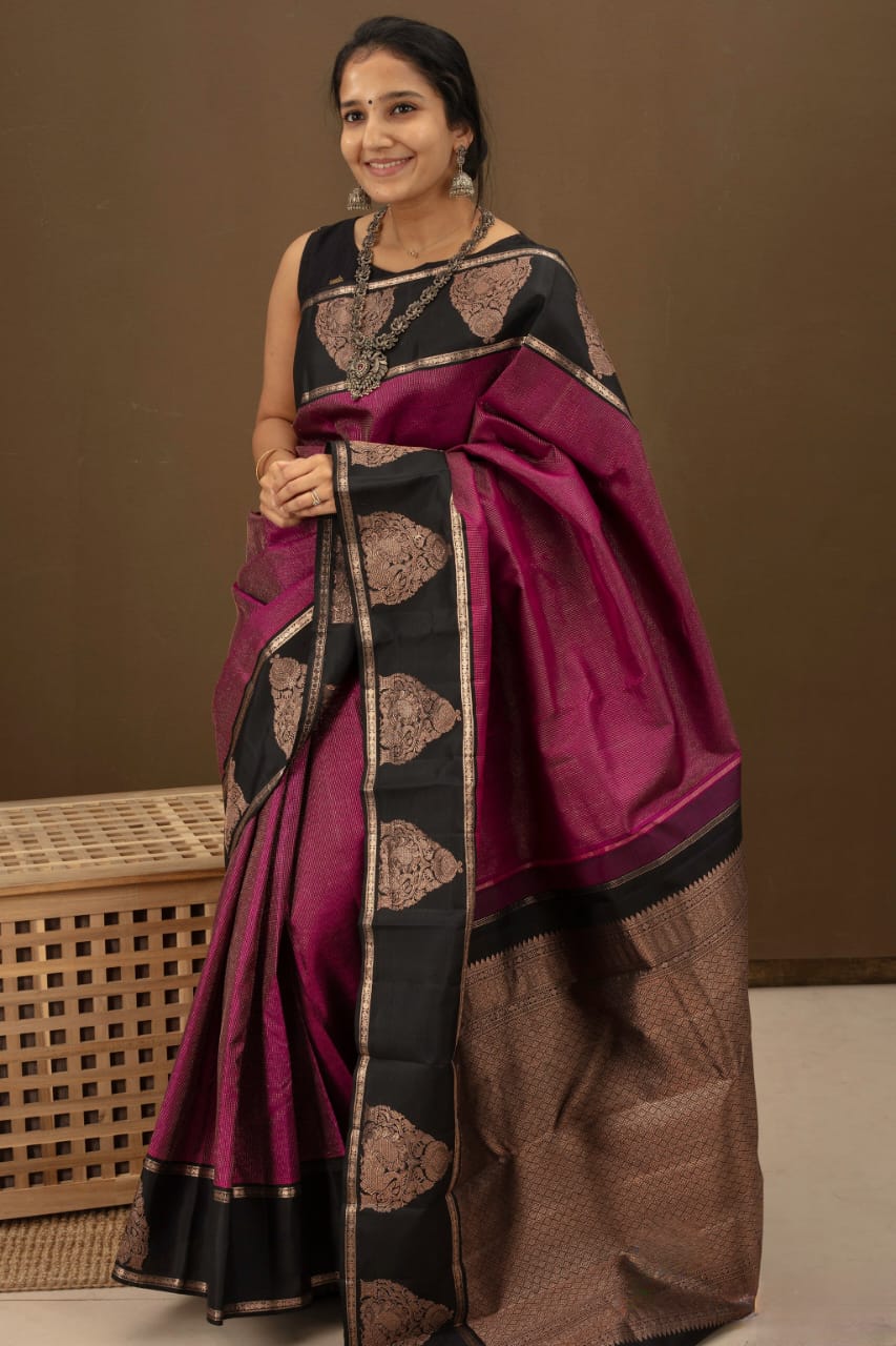 Magenta & Black Banarasi Silk Saree with Rich Zari Border