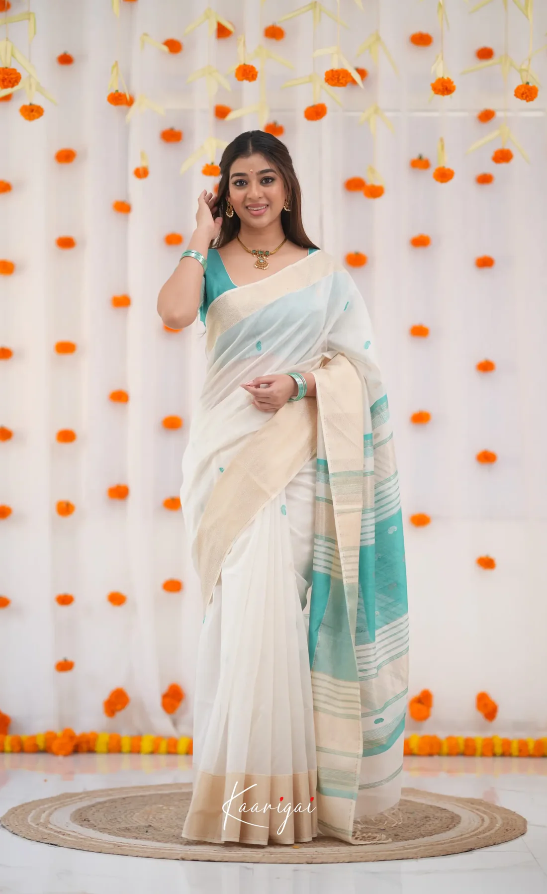 Women's White & Aqua Blue Border Saree