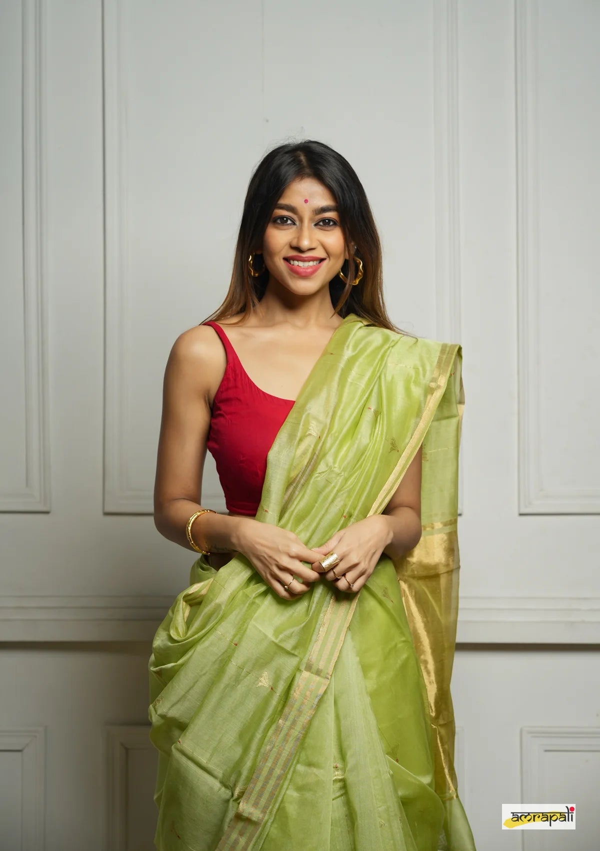 Women's Mint Green Organza Saree with Golden Border