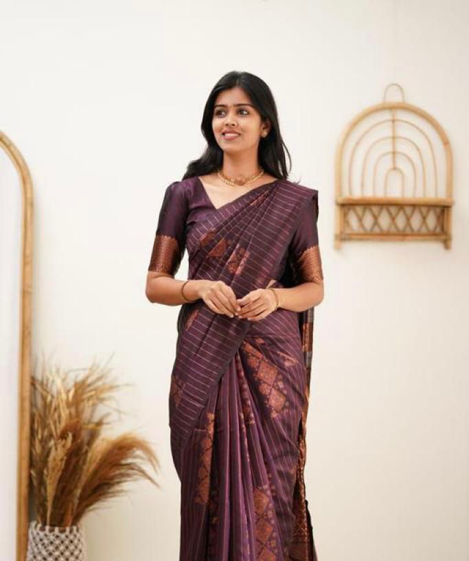 Elegant Wine Designer Saree with Copper Woven Pattern