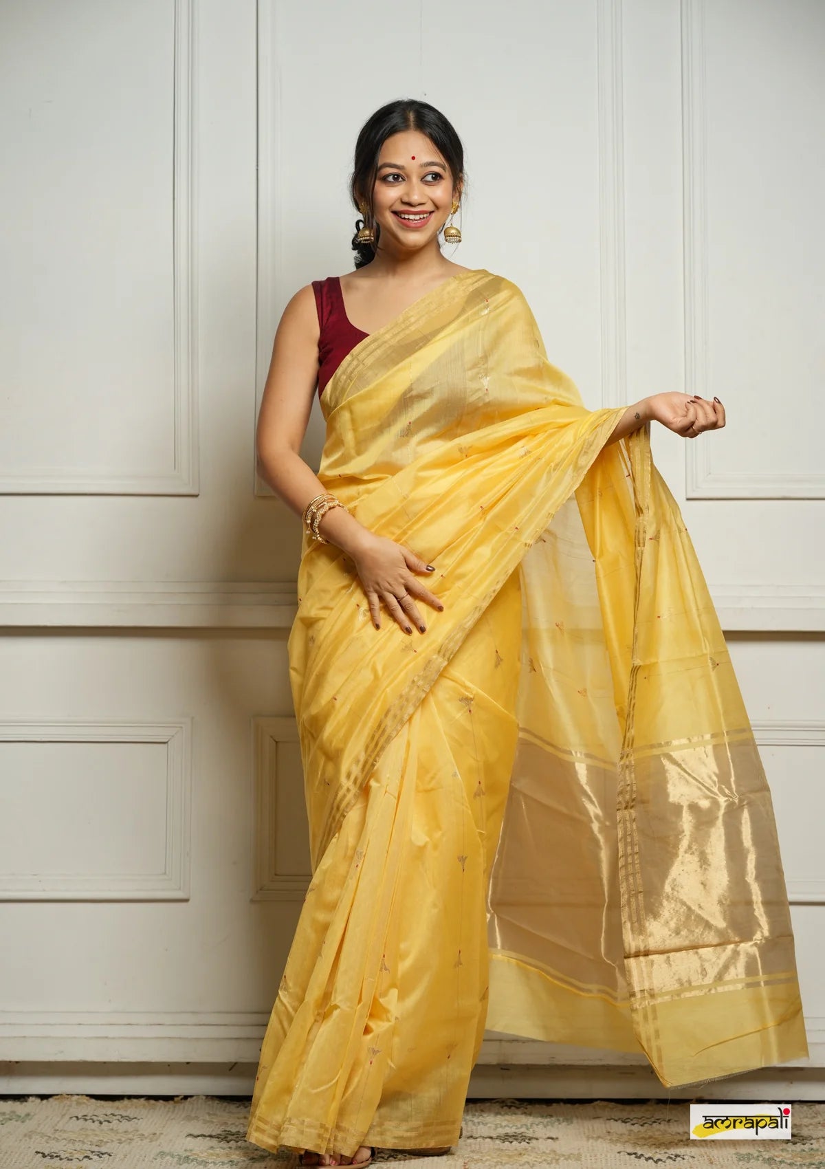 Women's Yellow Organza Saree with Golden Border