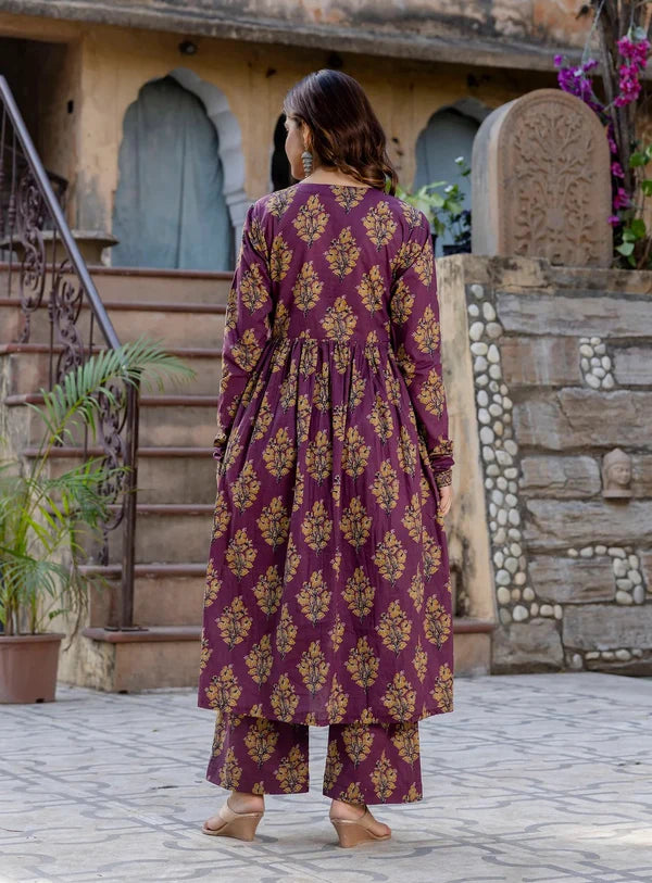 Wine Purple Floral Printed Anarkali Kurta Set with Dupatta – Elegant Festive Wear