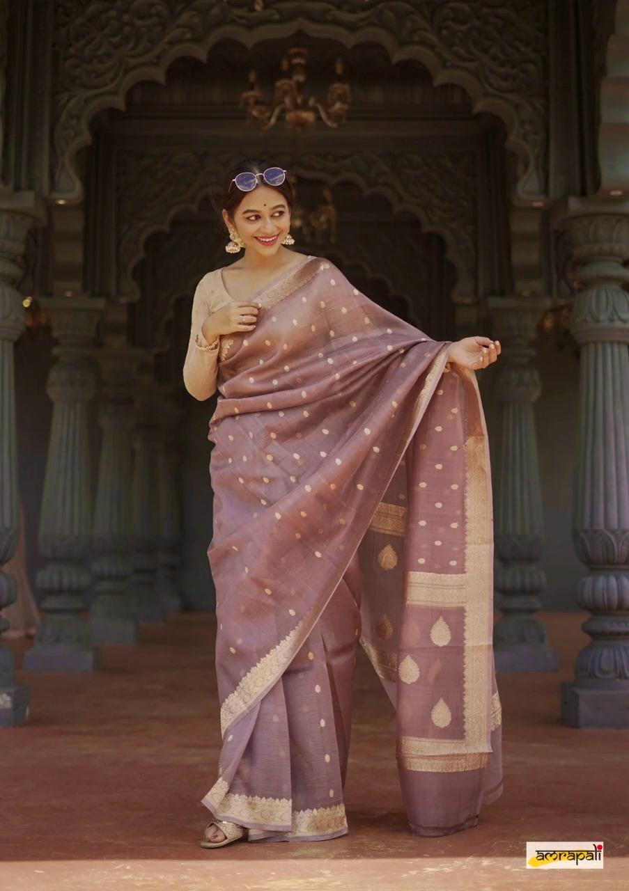 Women's Mauve Silk Saree with Golden Zari Border