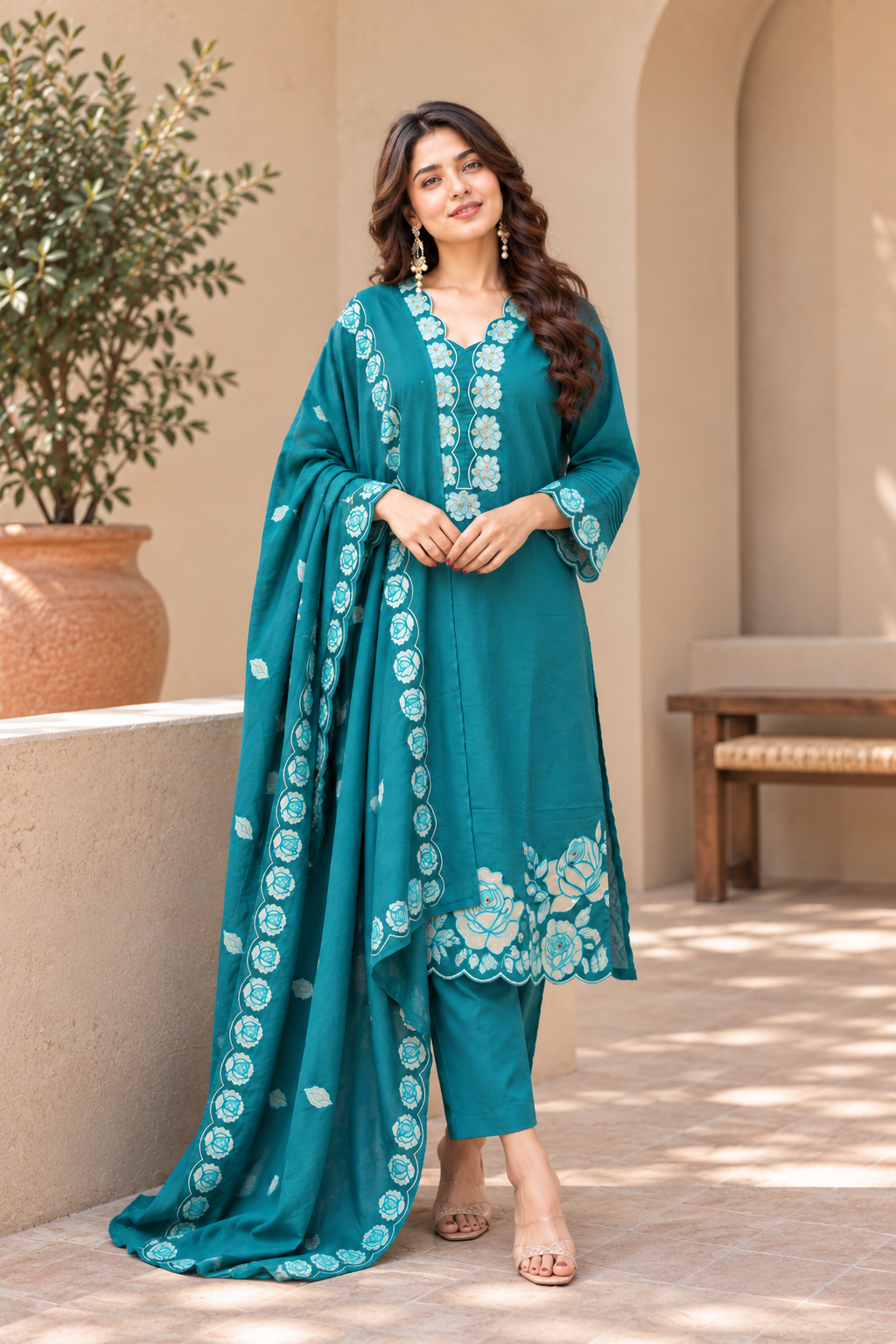 Teal Floral Embroidered Straight Kurta Set with Dupatta