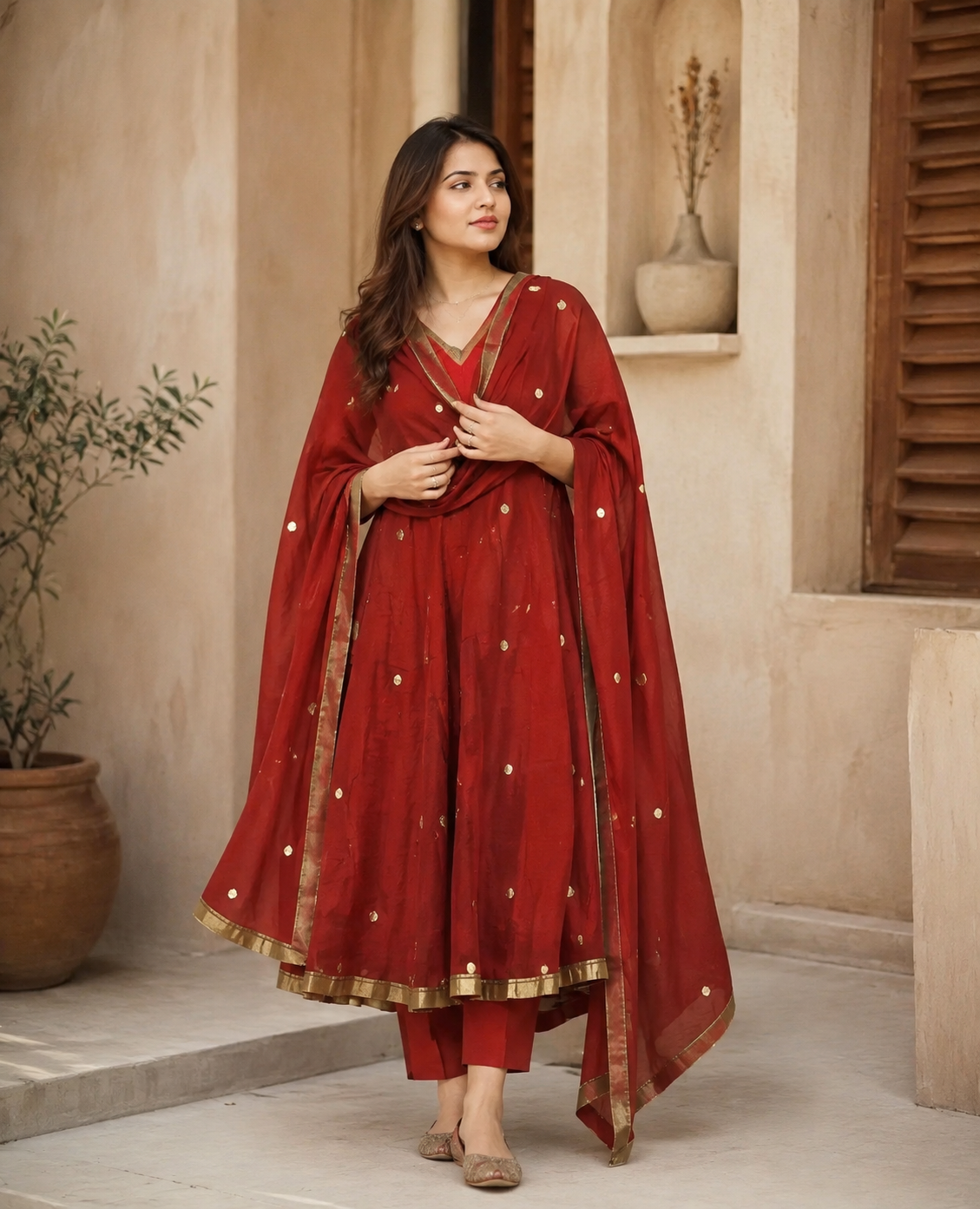 Premium Maroon Gold Embroidered Anarkali Suit Set with Dupatta for Women