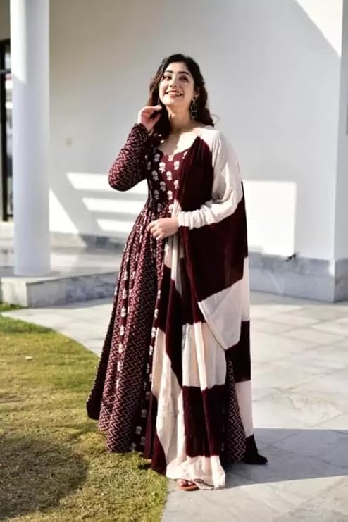 Coffee Maroon Anarkali Gown With Dupatta Set