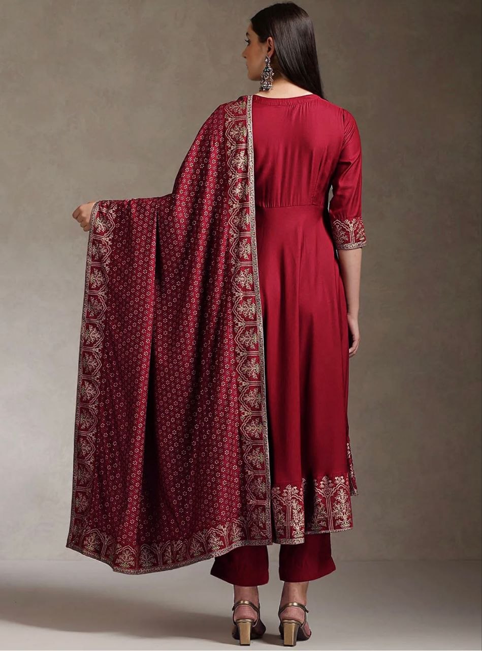Women’s Wine Maroon Printed Anarkali Suit Set with Designer Dupatta