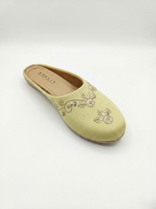 Traditional Yellow Embroidered Flat Mules for Women