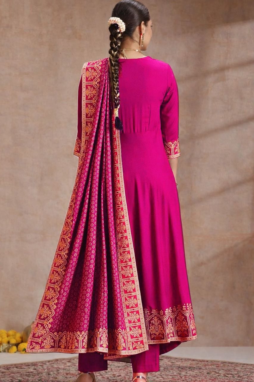 Women’s Magenta Embroidered Anarkali Suit Set with Printed Dupatta