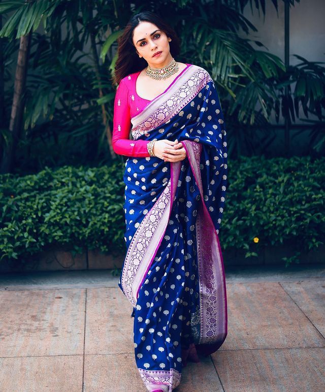 Royal Navy Blue Banarasi Silk Saree with Pink Contrast Border