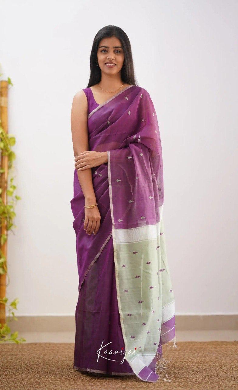 Women's Purple Organza Saree with Delicate Woven Motifs & Contrast Ivory Pallu