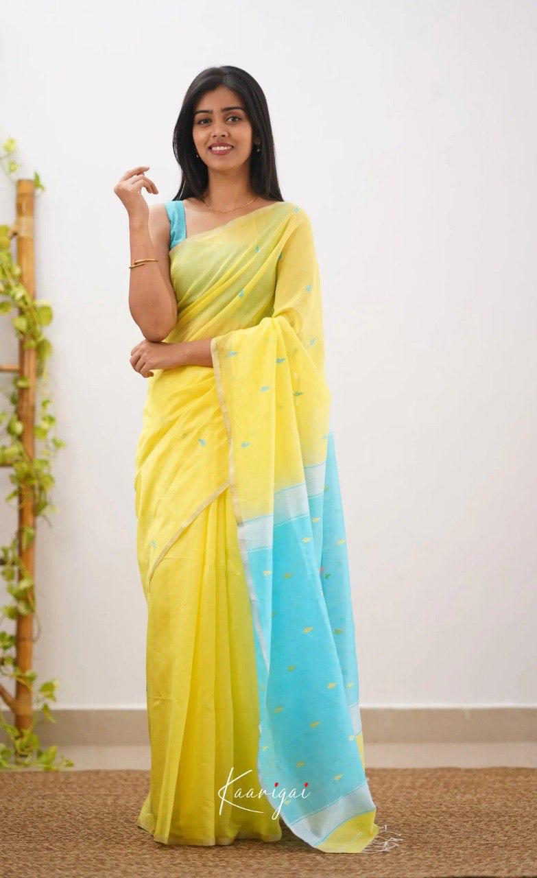 Women's Lemon Yellow Organza Saree with Sky Blue Contrast Pallu & Delicate Woven Motifs