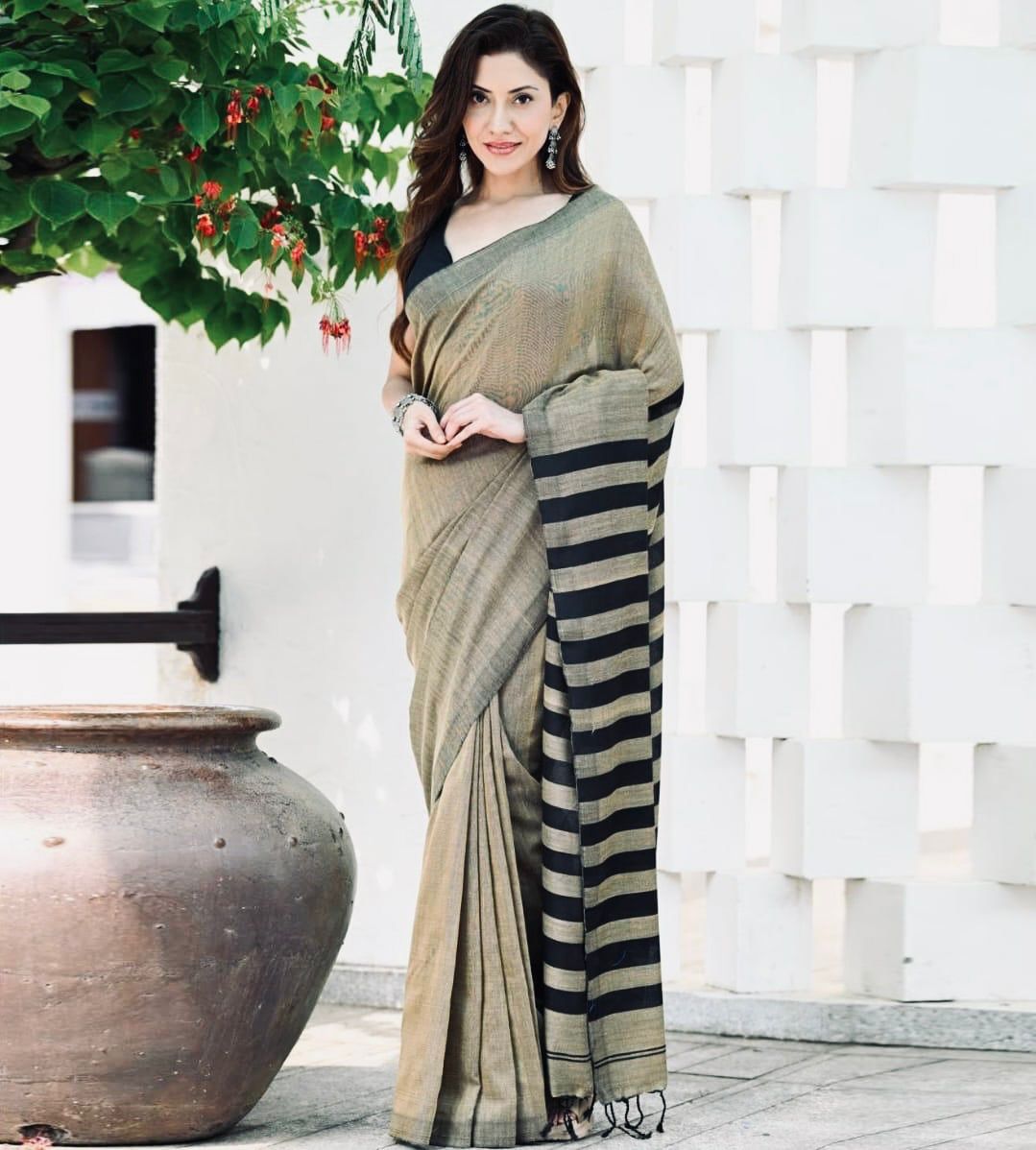 Women's Elegant Olive Grey Saree with Black Striped Pallu