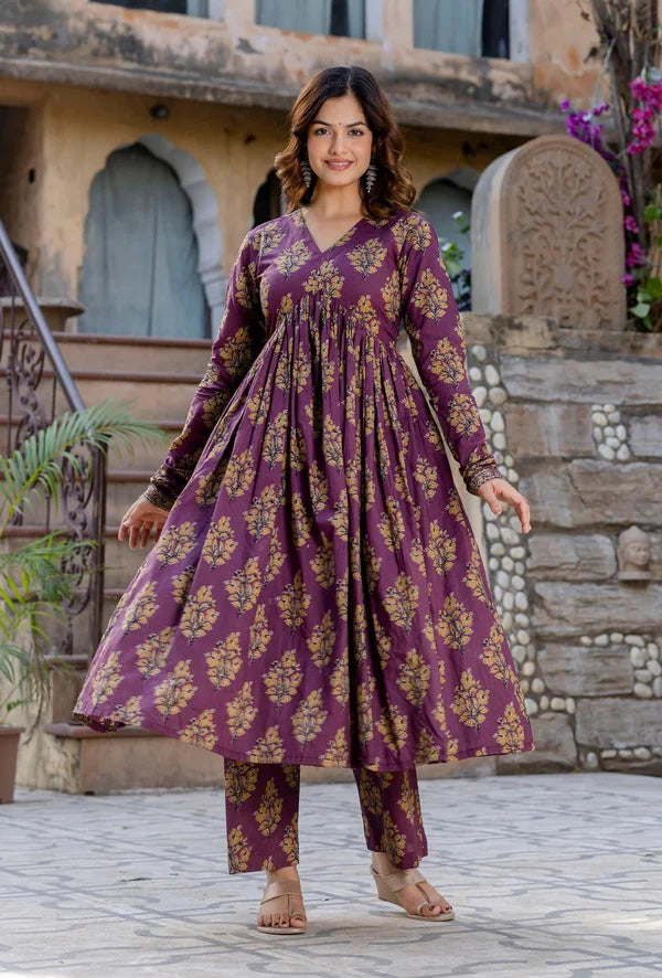 Wine Purple Floral Printed Anarkali Kurta Set with Dupatta – Elegant Festive Wear