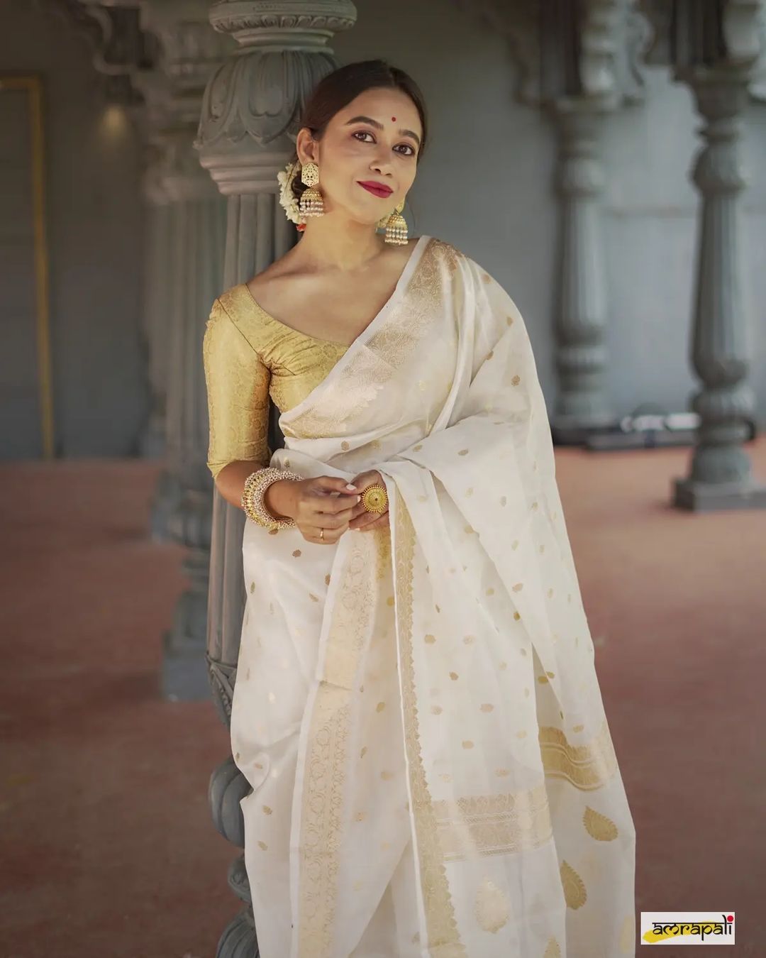 Women's White Silk Saree with Golden Zari Border