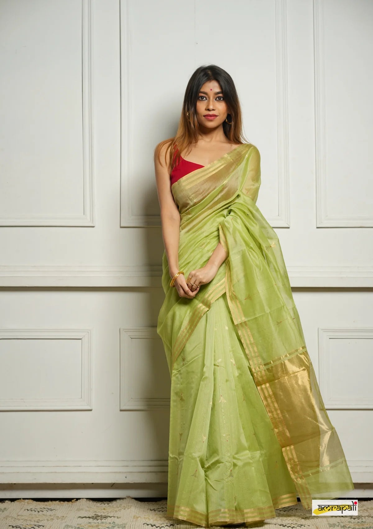 Women's Mint Green Organza Saree with Golden Border