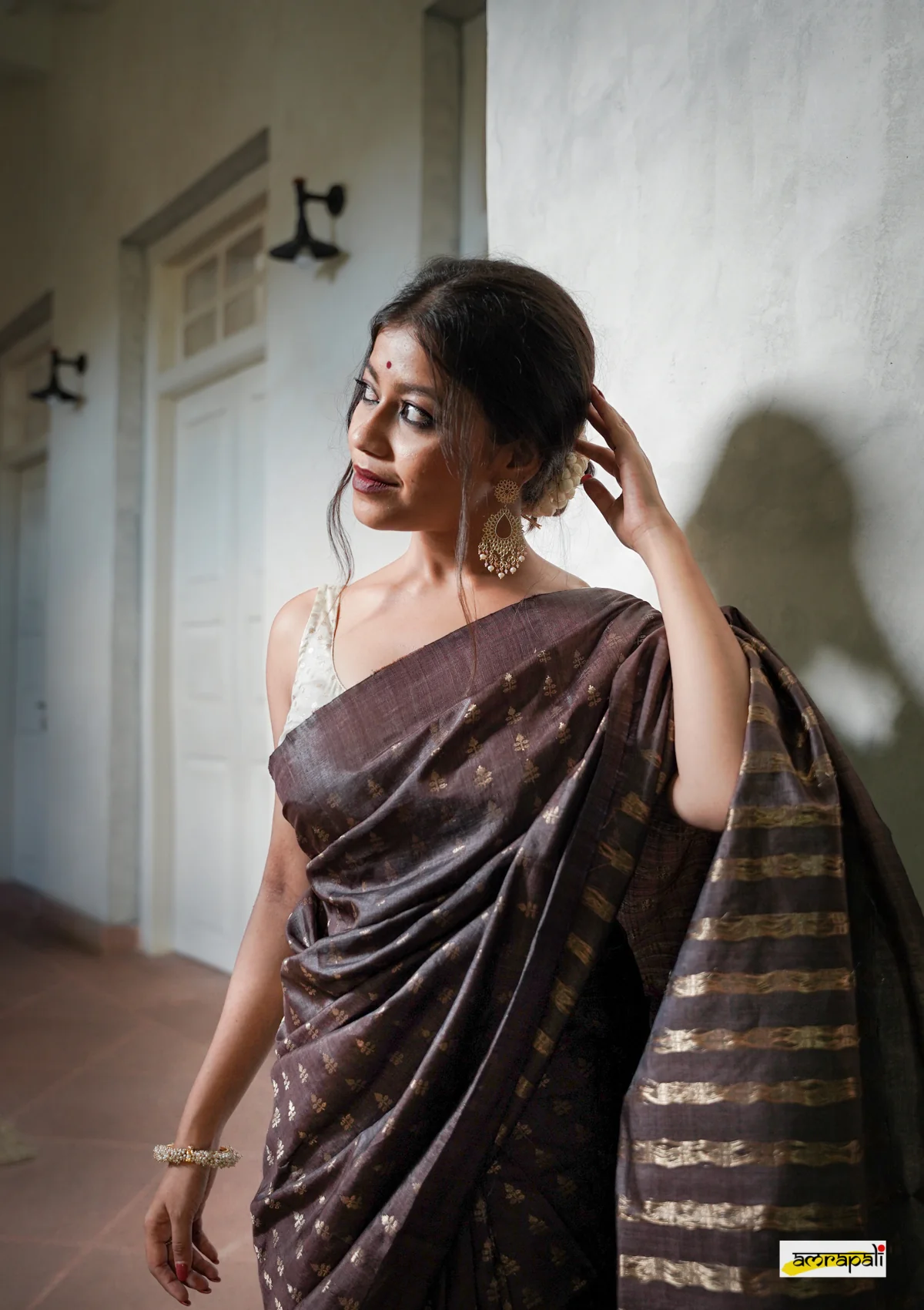 Women's Coffee Brown Silk Blend Saree with Golden Woven Motifs & Designer Pallu