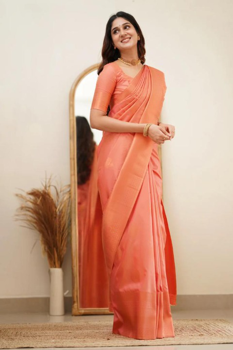 Women's Peach Silk Blend Saree with Elegant Solid Weave & Designer Border