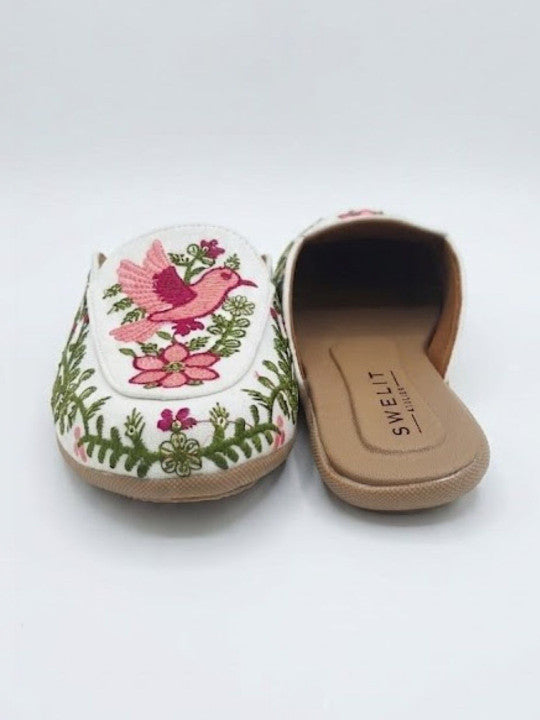 Pink Bird Embroidered Ethnic Mule Flats for Women