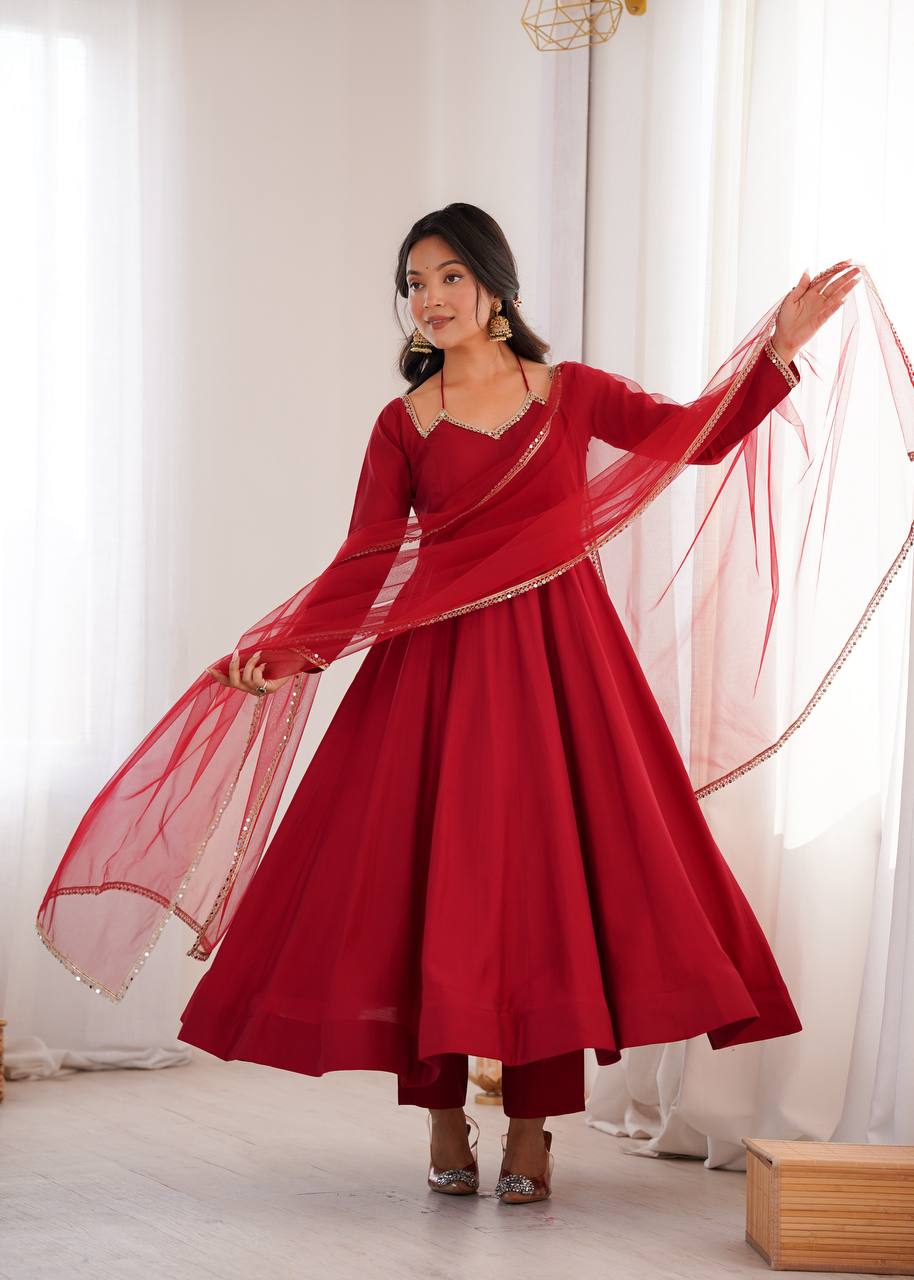Premium Red Anarkali Suit Set with Dupatta – Elegant Festive & Party Wear