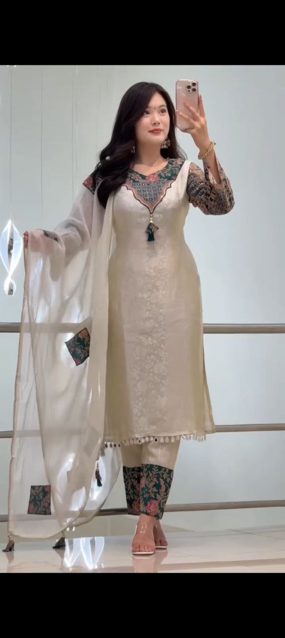 Elegant Ivory Embroidered Kurta Set with Red Floral Dupatta