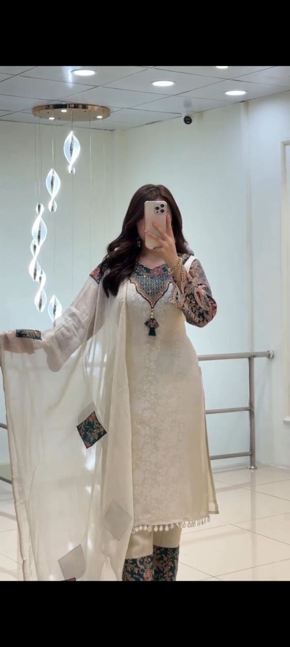 Elegant Ivory Embroidered Kurta Set with Red Floral Dupatta