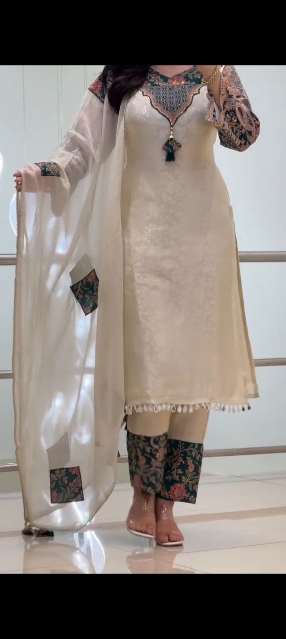 Elegant Ivory Embroidered Kurta Set with Red Floral Dupatta