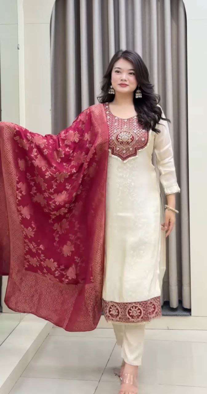 Elegant Ivory Embroidered Kurta Set with Red Floral Dupatta