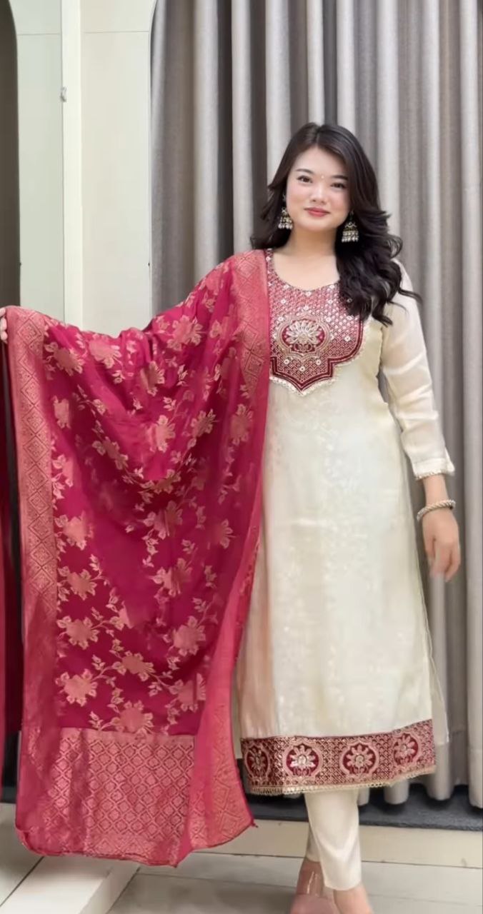 Elegant Ivory Embroidered Kurta Set with Red Floral Dupatta