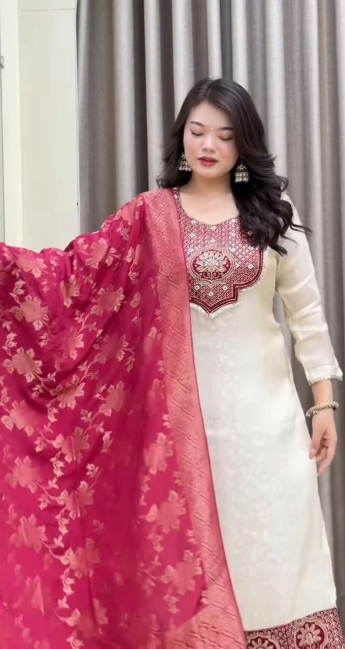 Elegant Ivory Embroidered Kurta Set with Red Floral Dupatta