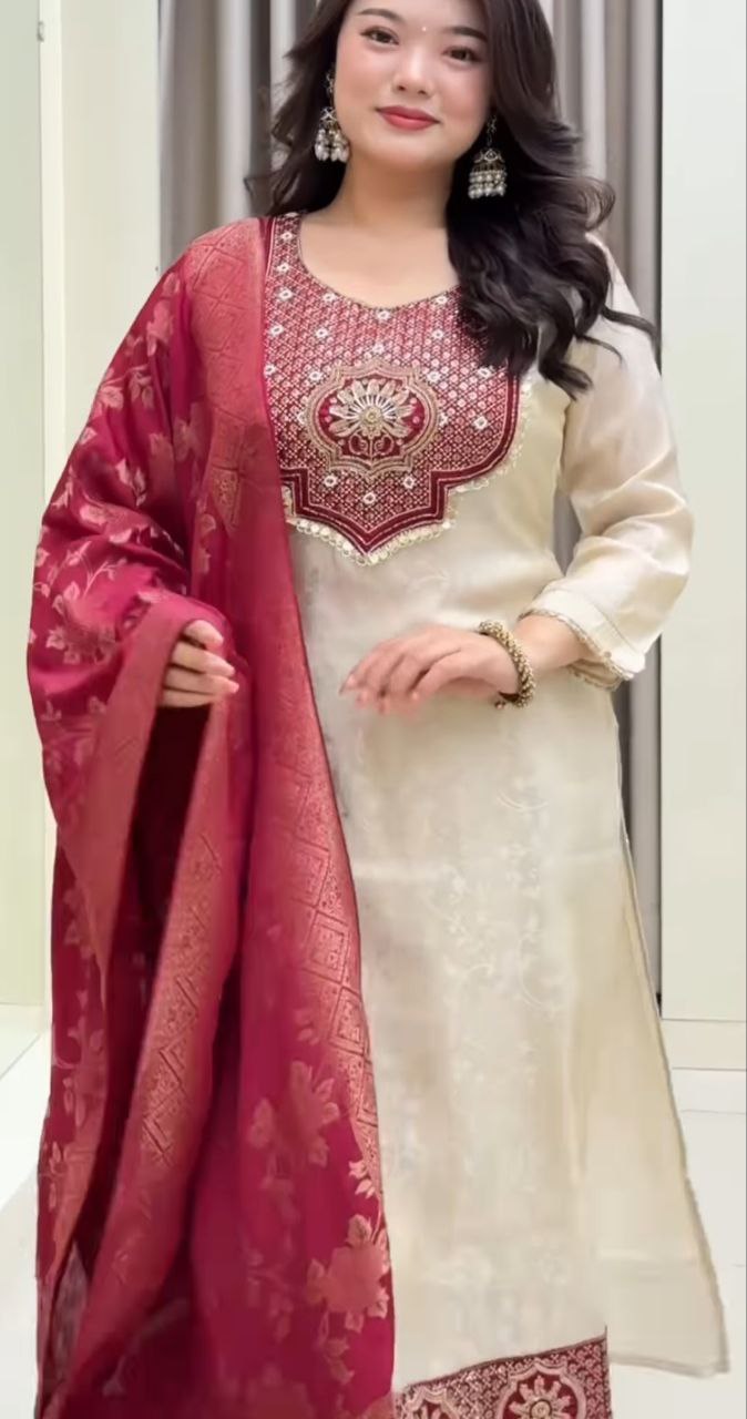 Elegant Ivory Embroidered Kurta Set with Red Floral Dupatta