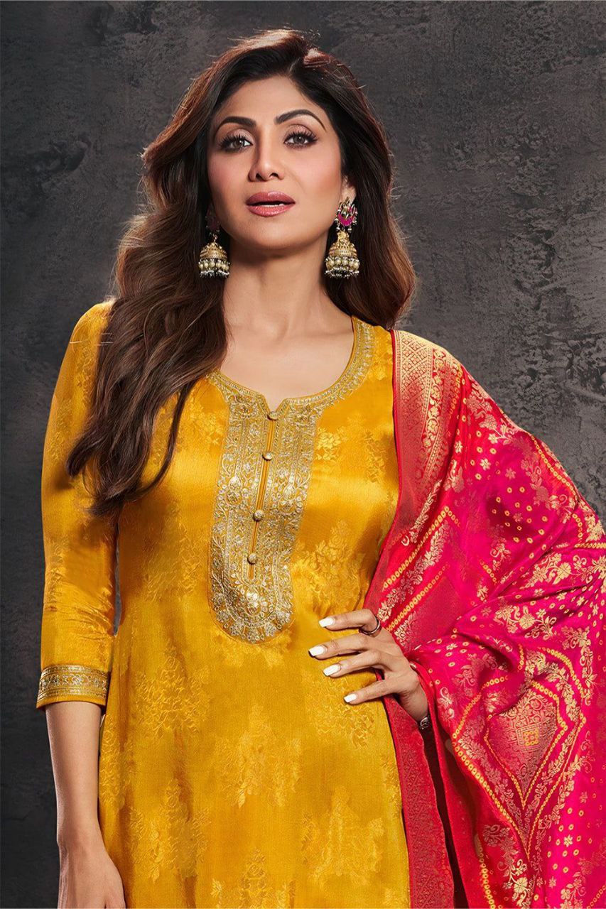 Royal Yellow Floral Printed Kurta Pant Set with Dupatta