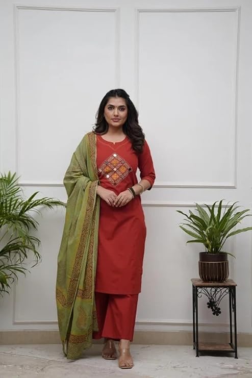 Embroidered Cotton Kurta Pant Set with Dupatta