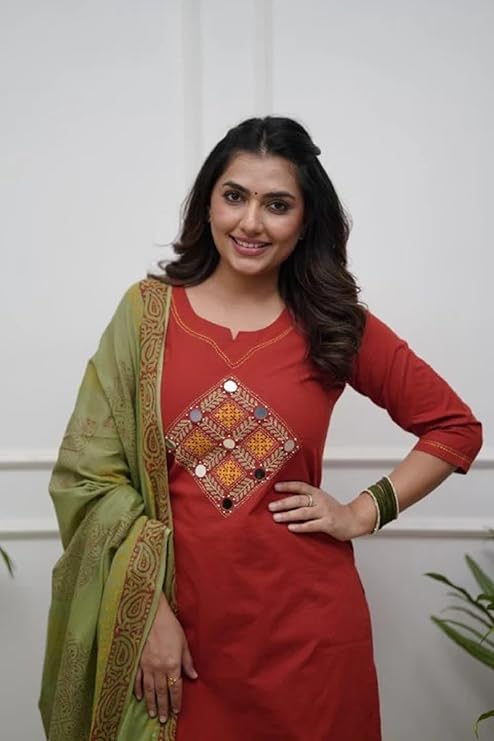 Embroidered Cotton Kurta Pant Set with Dupatta