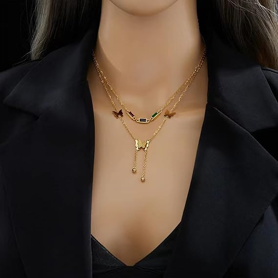 Rectangular Colourful Zircon Butterfly Tassel Penant Double Layer Collar Chain Zircon Gold-plated Plated Stainless Steel Necklace