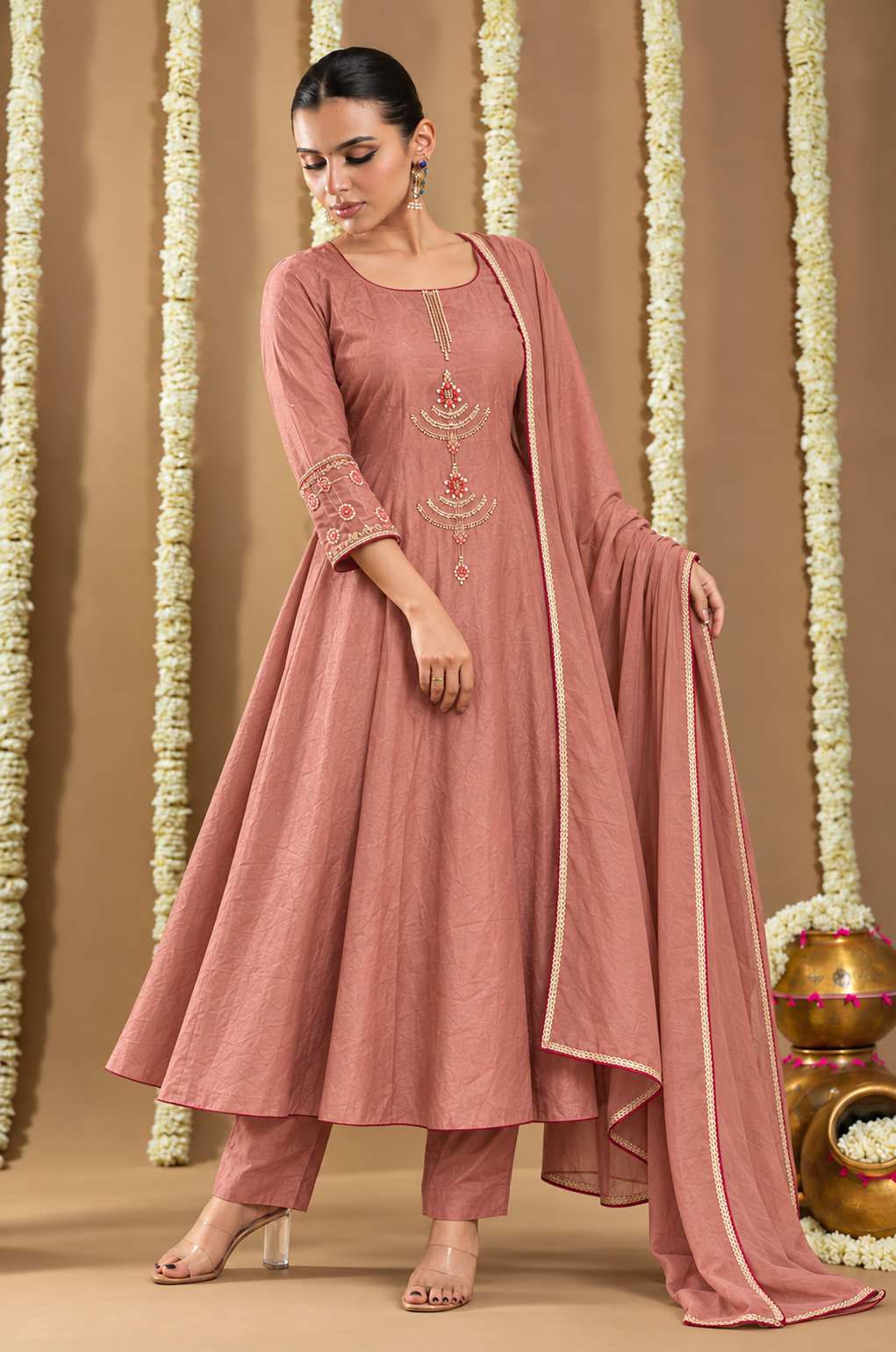 Rosewood Embroidered Anarkali Suit Set with Dupatta