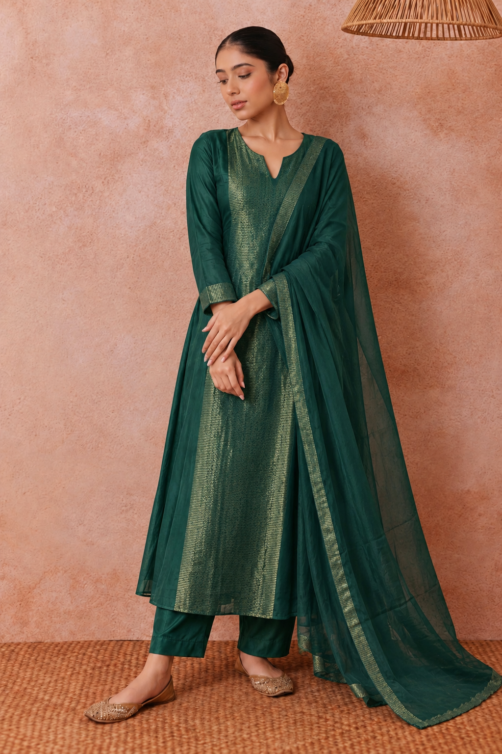 Green Gold Woven Kurta Set with Dupatta