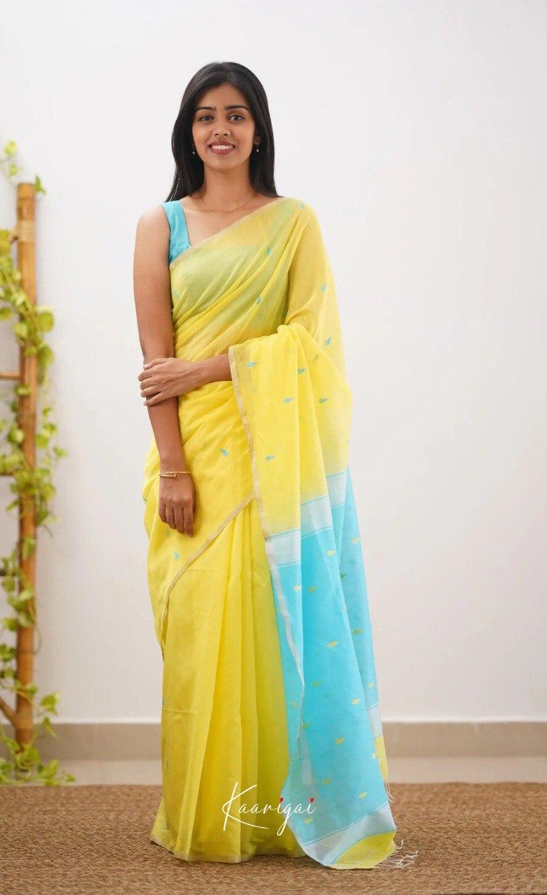 Women's Lemon Yellow Organza Saree with Sky Blue Contrast Pallu & Delicate Woven Motifs