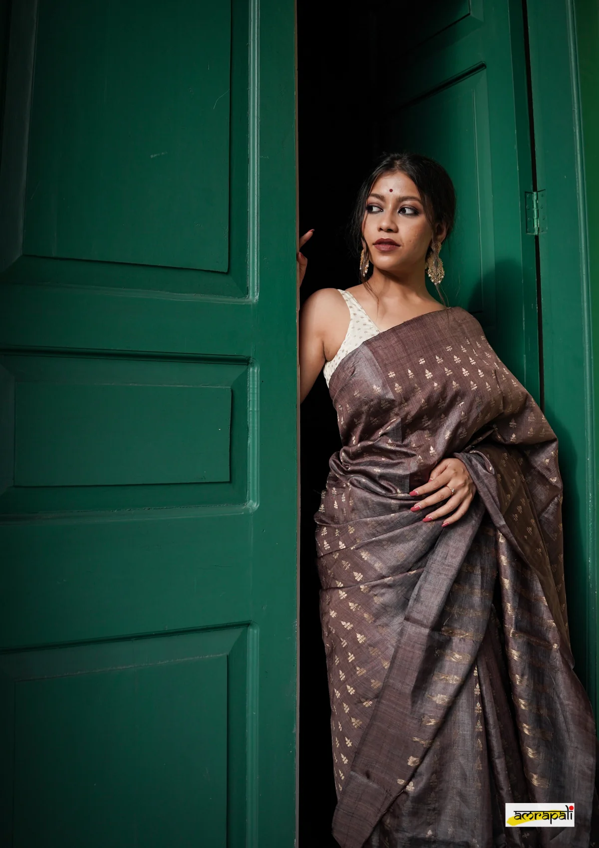 Women's Coffee Brown Silk Blend Saree with Golden Woven Motifs & Designer Pallu