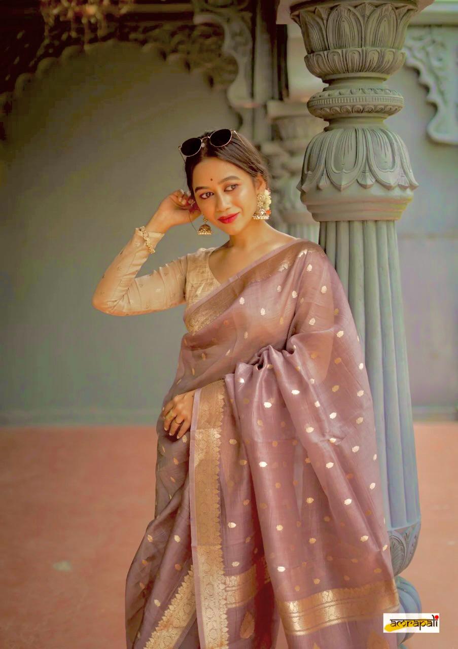 Women's Mauve Silk Saree with Golden Zari Border
