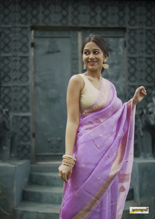 Women's Lavender Silk Saree with Golden Zari Border