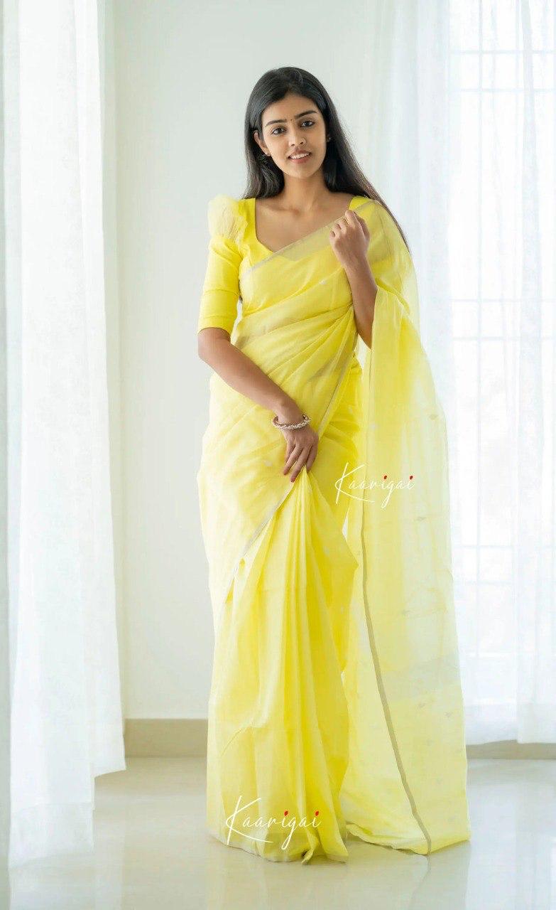 Women's Lemon Yellow Organza Saree with Minimal Woven Motifs & Elegant Border